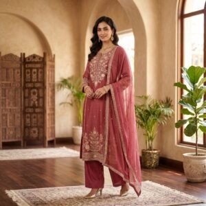 anuvarna rose wine embroidered kurti set