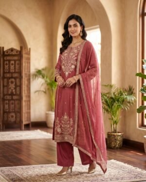 anuvarna rose wine embroidered kurti set