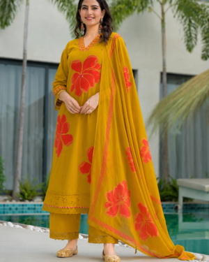 Mustard Yellow Floral Printed Kurta Palazzo Set with Dupatta by Anuvarna