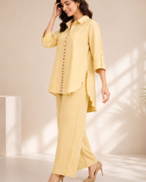 Cream Yellow Layered Co-Ord Set with Decorative Button Detail for Women by Anuvarna