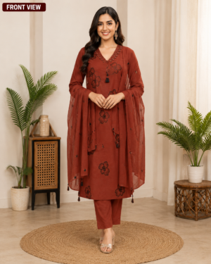 Brick Color Floral Embroidered Kurta Pant Set with Dupatta by Anuvarna