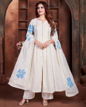 Ivory Bloom Embroidered Frock Suit Set with Dupatta by Anuvarna