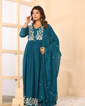 Teal Blue Malcotton Embroidered Frock Suit Set with Dupatta by Anuvarna