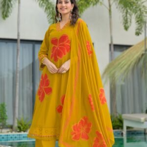 mustard yellow floral printed kurta palazzo set with dupatta